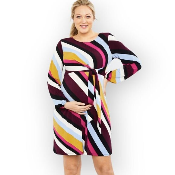 NWT Motherhood Maternity Asymmetric Stripe Stretch Knit Faux Wrap Dress - Picture 1 of 6